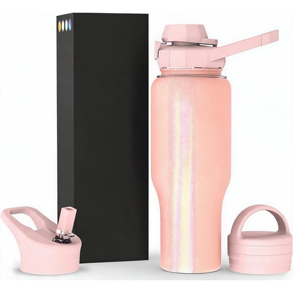 Insulated Stainless Steel Sports Water Bottle with 3-in-1 Lids Chug Straw and Handle Vacuum Flask Cup 36 oz Forever Pink Glitter