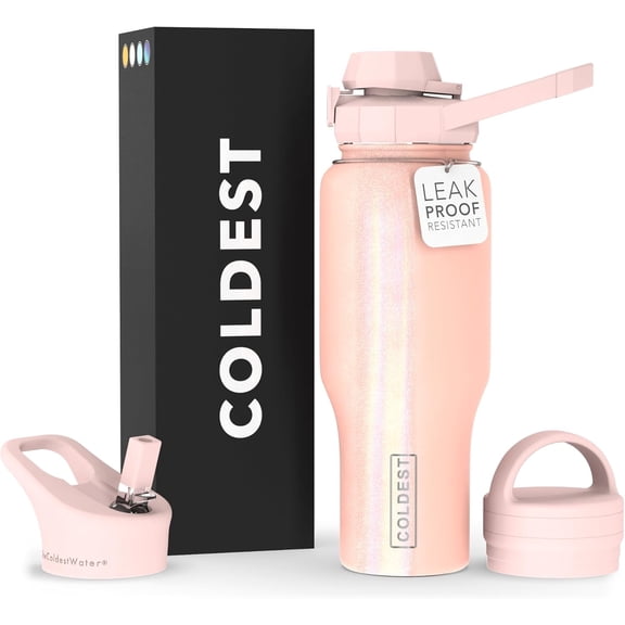 Insulated Stainless Steel Tumbler with Handle  36 oz, Forever Pink Glitter, 3-in-1 Lid (Chug Straw Carry)