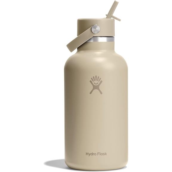 Insulated Stainless Steel Water Bottle with Wide Mouth Flex Straw Lid 64 Ounces Oat