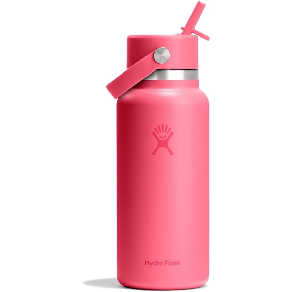Insulated Stainless Steel Water Bottle with Wide Mouth Flex Straw Lid Leakproof 32 Ounces Popstar Pink