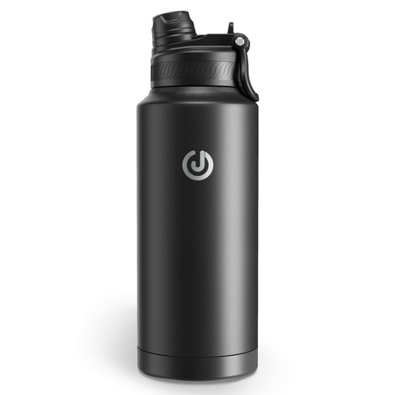 Insulated Stainless Steel Wide Mouth Water Bottle with Flex Straw Lid and Spout for Sports and Travel, Double-Wall Vacuum Insulation, BPA Free, 32oz, Black