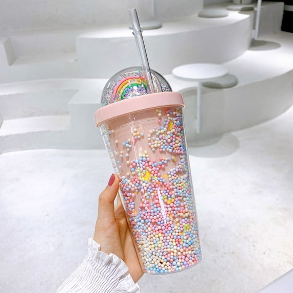 Insulated Straw Tumbler, Double Wall Plastic Cup for Cold Drinks, 550ml, 1 Count