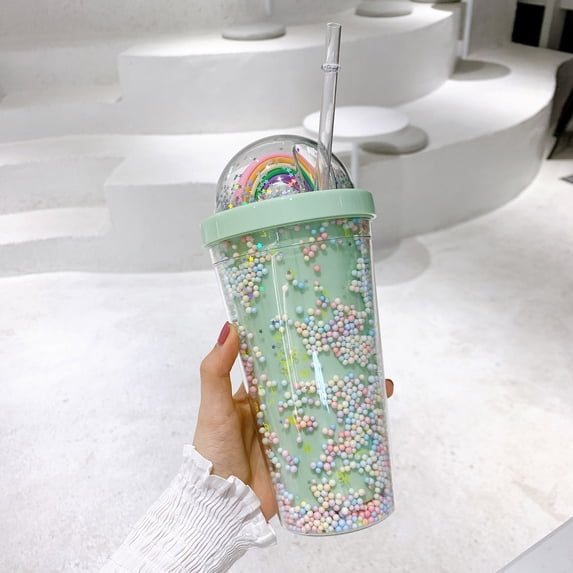 Insulated Straw Tumbler, Double Wall Plastic Cup for Cold Drinks, 550ml, 1 Count