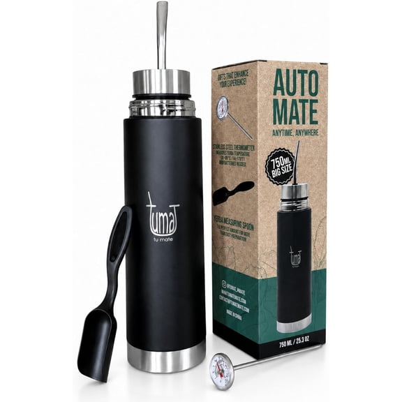 Insulated Thermo Bottle with Spout for Yerba Mate and Tea, 750ml Stainless Steel Vacuum Bottle with Thermometer, Measuring Spoon, and Straw, Black