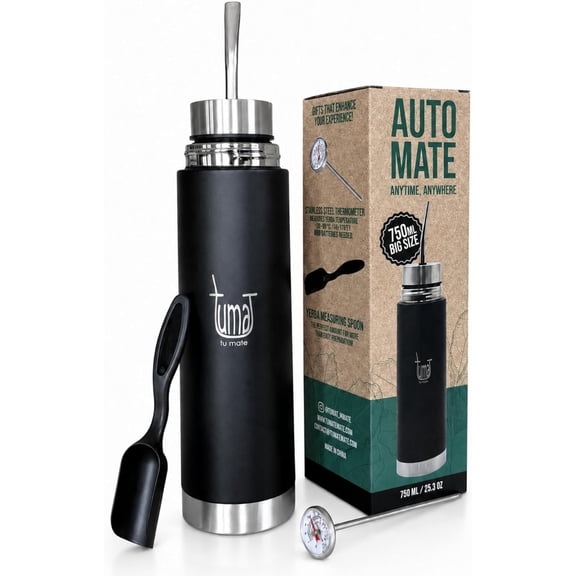 Insulated Thermo Bottle with Spout for Yerba Mate and Tea, 750ml Stainless Steel Vacuum Bottle with Thermometer, Measuring Spoon, and Straw, Black