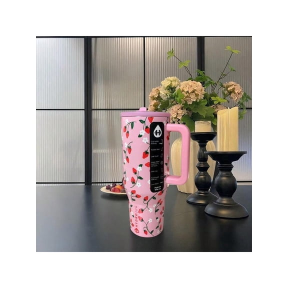 Insulated Travel Tumbler With Handle - Red Strawberry Print, 32 Oz, Leakproof & Cup Holder Friendly