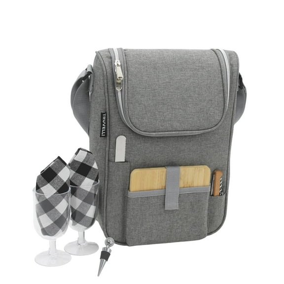 Insulated 2 Bottle Wine Travel Tote Bag with Cheese Set - Portable Picnic Carrier Kit