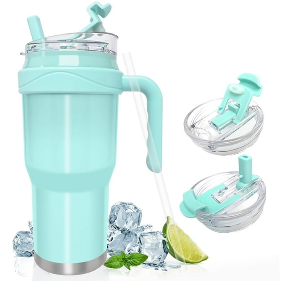 Insulated Tumblers 40 oz Spill Proof Tumbler with Straw,Stainless Steel Metal Thermal Coffee Mug Keep Cold-24h & Hot-10h,Double Wall Vacuum Flasks Insulated Cup for Travel Camping - LightGreen