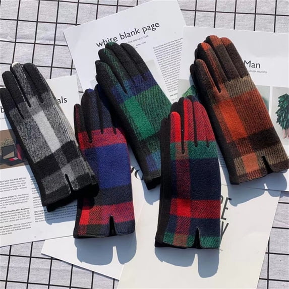 Insulated Tweed Plaid Gloves For Women Fleece Palm Touch Enabled Outdoor Warm Gloves Red One Size