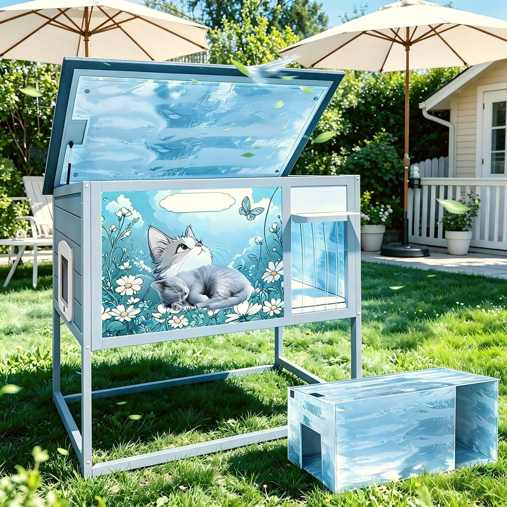 Insulated Warm Outdoor Cat House & Condos , Raised Weatherproof Kitten Shelter for Outside with All-Round Foam, Feral Cat Wooden Enclosure for Small Medium