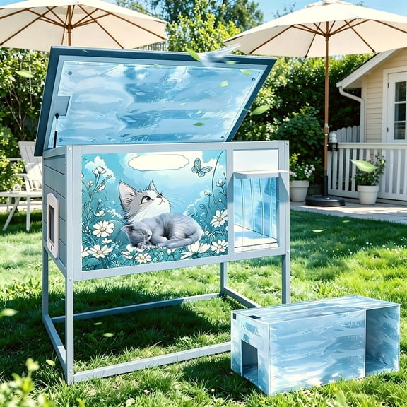 Insulated Warm Outdoor Cat House & Condos , Raised Weatherproof Kitten Shelter for Outside with All-Round Foam, Feral Cat Wooden Enclosure for Small Medium