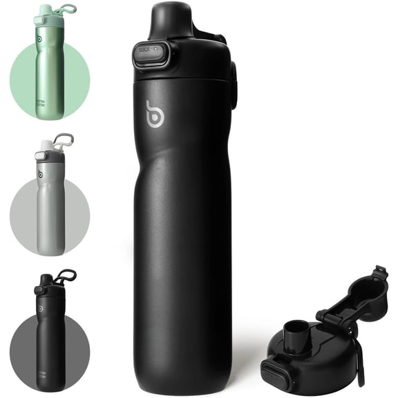 Insulated Water 24 oz with Handle and Flip Tops Stainless Steel Water Push Button Lid Leak proof Portable for Running Travel Hiking black