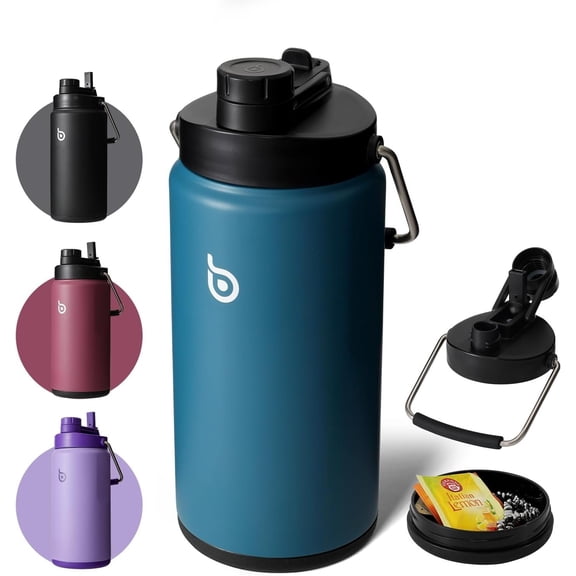 Insulated Water 64 oz with Straw and Dual-use Lid Half Gallon Water Jug Vacuum Stainless Steel for Workout and Insulated Growler with Handle Lake blue
