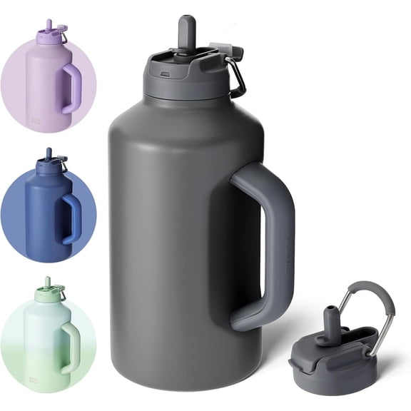 Insulated Water  64 oz with Straw and Dual-use Lid Stainless  Water  for Men with Handle Vacuum Insulated  Growler for Workout  Soccer gray