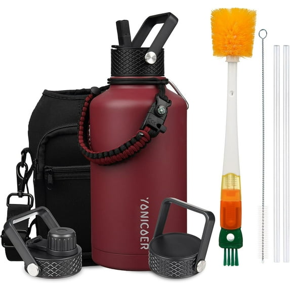 Insulated Water 64oz,Triple Wall Vacuum Stainless Steel(Dishwasher Safe),Leak Proof & Non-BPA,Flask Jug with Paracord Handle & Straw Spout Lids Sports Red