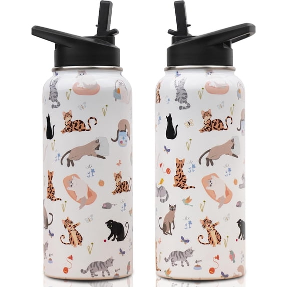 Insulated Water Bottle 32 oz, Cat Water Bottle with Straw and Lid, Reusable Leakproof Water Bottle Stainless Steel, Cat Lover Gifts for Women