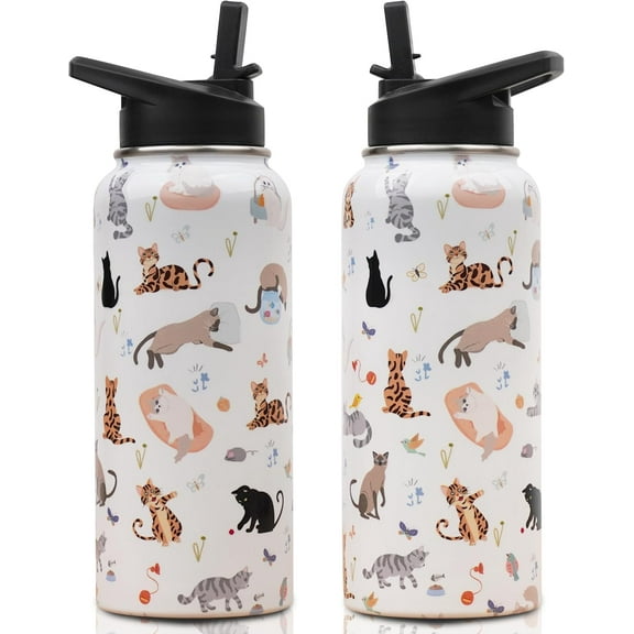 Insulated Water Bottle 32 oz, Cat Water Bottle with Straw and Lid, Reusable Leakproof Water Bottle Stainless Steel, Cat Lover Gifts for Women