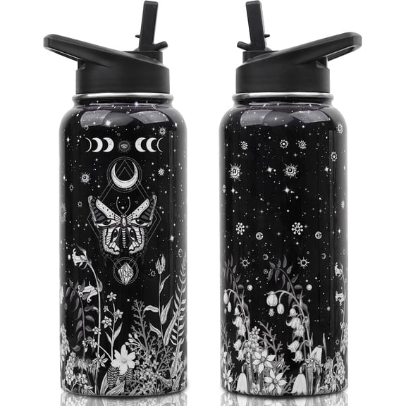 Insulated Water Bottle 32 oz, Cat Water Bottle with Straw and Lid, Reusable Leakproof Water Bottle Stainless Steel, Cat Lover Gifts for Women