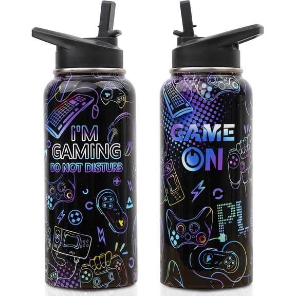 Insulated Water Bottle 32 oz, Gamer Water Bottle with Straw and Lid, Reusable Leakproof Water Bottle Stainless Steel, Gamer Gifts for Men