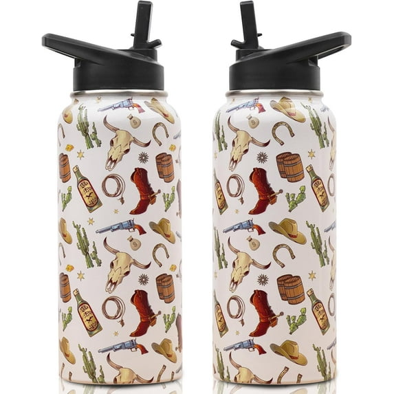 Insulated Water Bottle 32 oz, Western Water Bottle with Straw and Lid, Reusable Leakproof Water Bottle Stainless Steel, Western Gifts for Women