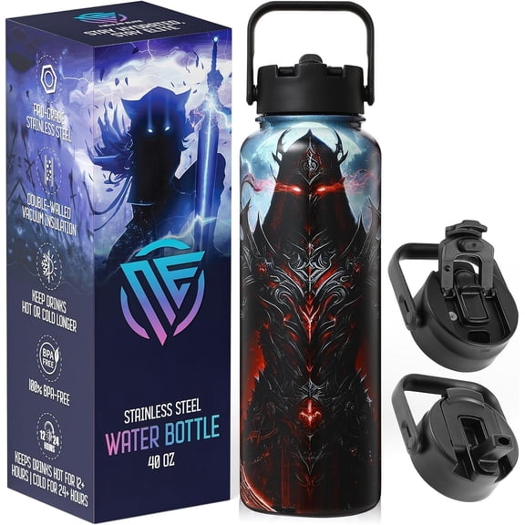 Insulated Water Bottle 40 oz -Hot and Cold Coffee Travel Drinks, Leakproof Gaming & Gym Bottles, Large and Small Stainless Steel Flask with Straw - Revenant