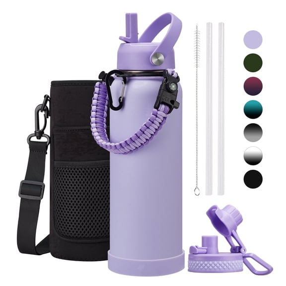 Insulated Water Bottle 40 oz - with Straw & Spout Lids, 40OZ Stainless Steel Water Flask with Paracord Handle, Storage Sleeve, Purple Water Bottle for Women, Keep Cold-48H