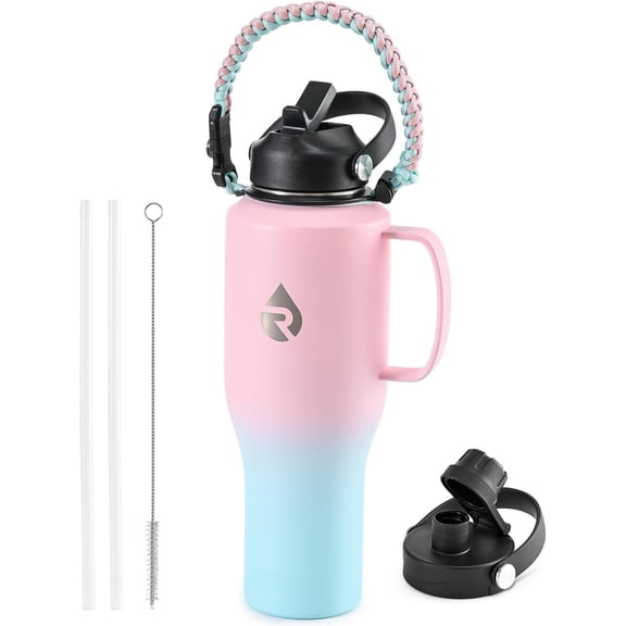 Insulated Water Bottle 40oz (Cold for 48 Hrs), Stainless Water Bottle with Handle & Straw Lid & Paracord Handle, Triple Wall Vacuum Leakproof Travel Flask, Fit in Any Cup Holder