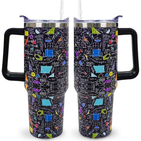Insulated Water Bottle 40oz Stainless Steel with Lid & Straw - Math Design Tumbler - Christmas Gift for Teachers