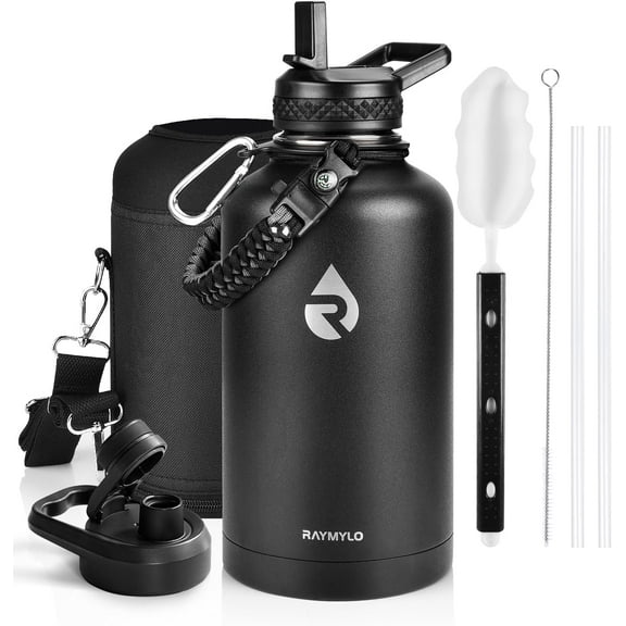 Insulated Water Bottle 64 oz, Triple Wall Vacuum Stainless Steel (Cold for 48 Hrs), Leak Proof & Non-BPA, Half Gallon Water Flask Jug with Paracord Handle & Straw Spout Lids, Magic Black