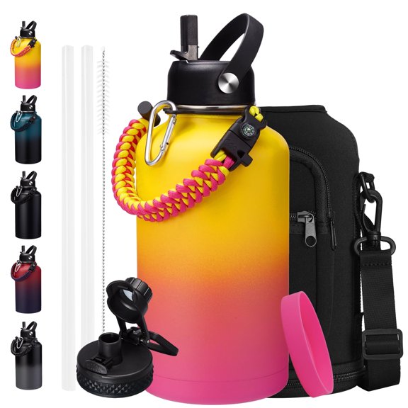 Insulated Water Bottle 64oz with Straw - Pop-up Spout Lid, Carrying Pouch, Paracord Handle, Half Gallon Stainless Steel Jug Cold 48H Hot 24H, Metal Canteen, Thermo Flask for Sports Gym