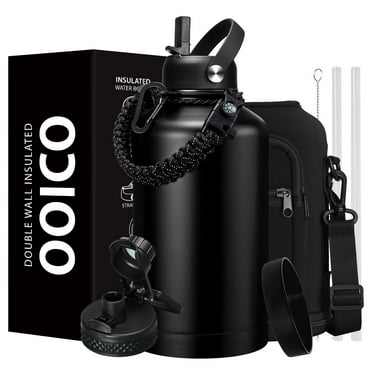 Insulated Water Bottle 64oz - w/Paracord Handle, Straw & Spout Lids, Carrier Bag, Half Gallon Sport Stainless Steel Water Flask