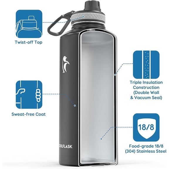 Insulated Water Bottle 87 oz with Straw, 2/3 Gallon Stainless Steel Metal 3 Lids Large Water Jug for Sports or Office, Non-BPA Keep Cold Up to 48 Hrs or Hot Up to 24 Hrs, Magic Black