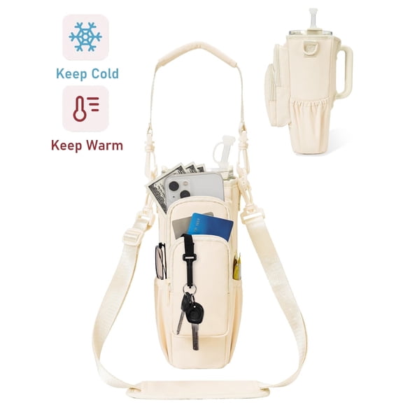 Insulated Water Bottle Carrier Bag with Adjustable Strap & Handle for 30oz 40oz Tumbler Cup Holder Pouch with Phone Pocket & Straw Cover, Beige