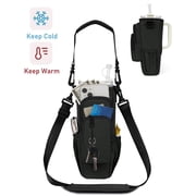 Insulated Water Bottle Carrier Bag with Strap & Handle for 30oz 40oz Tumbler Cup Holder Pouch with Phone Pocket & Straw Cover, Black