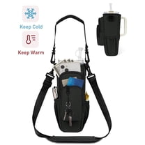 Insulated Water Bottle Carrier Bag with Adjustable Strap & Handle for 30oz 40oz Tumbler Cup Holder Pouch with Phone Pocket & Straw Cover, Black