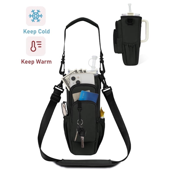 Insulated Water Bottle Carrier Bag with Adjustable Strap & Handle for 30oz 40oz Tumbler Cup Holder Pouch with Phone Pocket & Straw Cover, Black