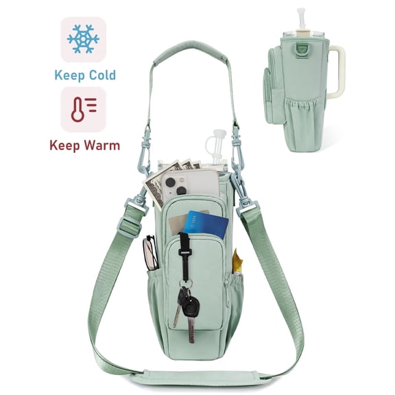 Insulated Water Bottle Carrier Bag with Adjustable Strap & Handle for 30oz 40oz Tumbler Cup Holder Pouch with Phone Pocket & Straw Cover, Green