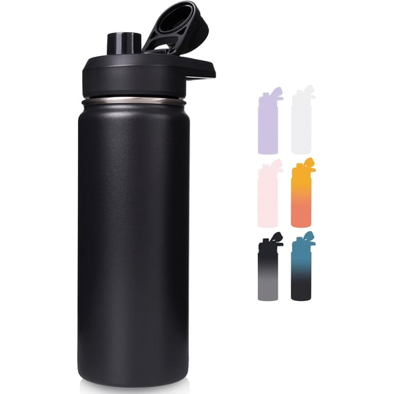 Insulated Water Bottle with Handle, 304 Stainless Steel Water Bottles with Wide Mouth, Double Wall Vacuum Sports Water Bottle, BPA Free, Keep Cold and Hot, 18 Ounces, Black
