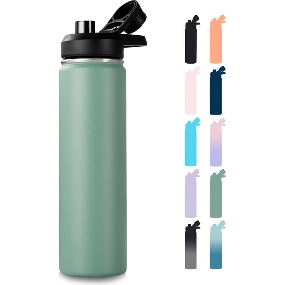 Insulated Water Bottle with Handle, 304 Stainless Steel Water Bottles with Wide Mouth, Double Wall Vacuum Sports Water Bottle, BPA Free, Keep Cold and Hot, 24 Ounces, Forest Green