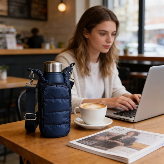Insulated Water Bottle Sleeve Crossbody Bag - Quilted Padded Protective Carrier, Multi-Functional Outdoor Shoulder Holder, Waterproof, Adjustable Strap