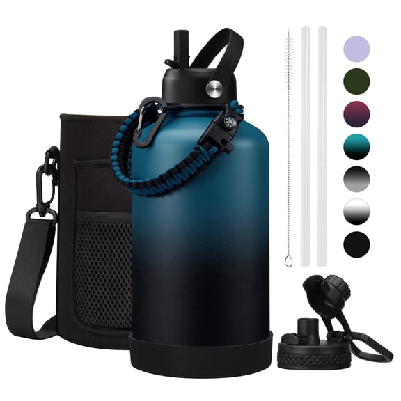 64oz Insulated Water Bottle - Cold for 48H, Hot for 24H, 1/2 Gallon Stainless Steel Water Bottles with Paracord Handle, Carrier Bag