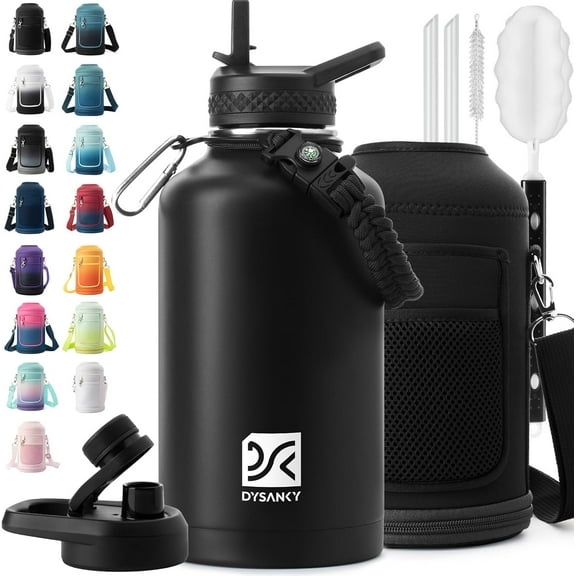 Insulated Water Bottle | Thickened Stainless Steel Vacuum Metal | Portable Sports Half Gallon Large Water Jug for Gym and Hiking with Straw, Carrier Bag, Handle Strap | BPA-Free 64 oz