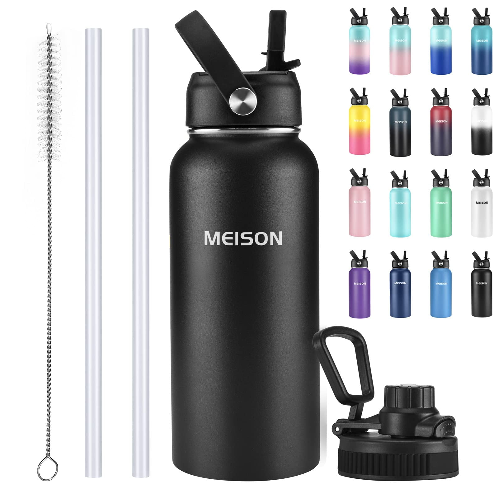 32 oz Powder Coated Double Wall Vacuum Insulated Sports Water Bottle, 18/8  Stainless Steel Wide Mouth Thermos Flask with Straw Lid & Spout Lid, Leak