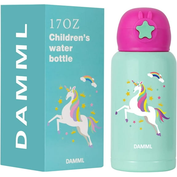 Insulated Water Bottle for Kids,Unicorn Cold Water Bottles for Girls, Kids Stainless Steel Water Bottles with Straw/Lids for School Travel, 17oz