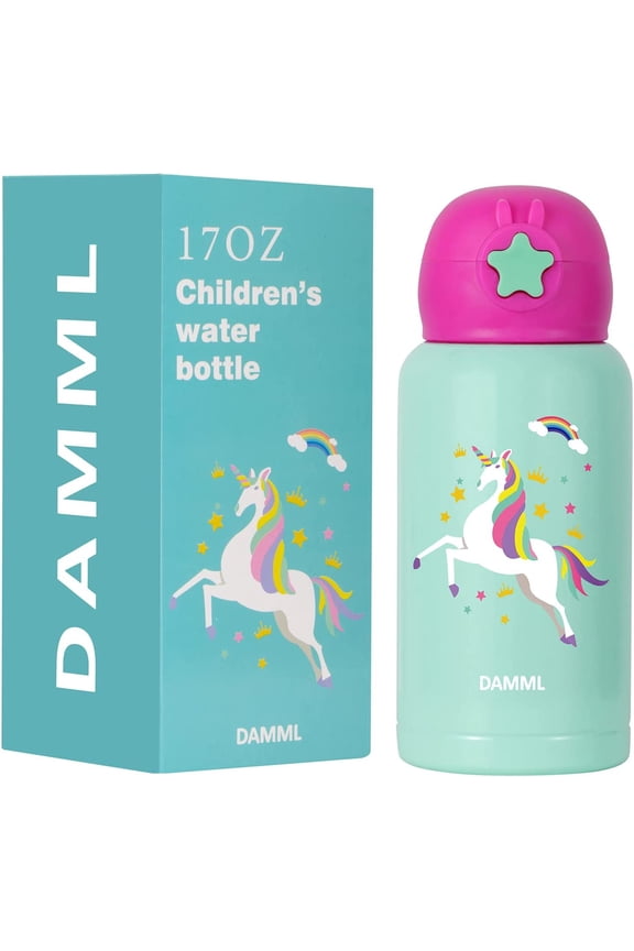 Insulated Water Bottle for Kids,Unicorn Cold Water Bottles for Girls, Kids Stainless Steel Water Bottles with Straw/Lids for School Travel, 17oz