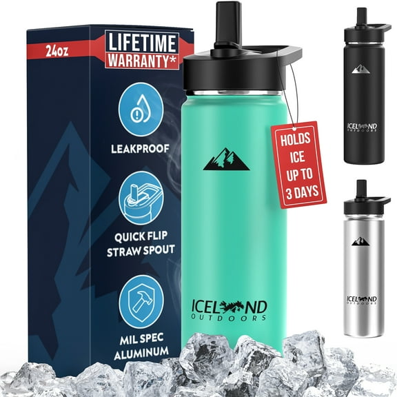 Insulated Water Bottle with Straw and Flip Top Lid, Fits Cup Holder, Stainless Steel, Vacuum Sealed, Sweat Proof Teal 24oz