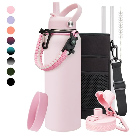 Insulated Water Bottles 40oz - w/ Straw & Auto Spout Lid, Paracord Handle, Carrier Pouch, Pink Sport Water Mug Thermal Flask, Triple Wall Metal Water Bottle