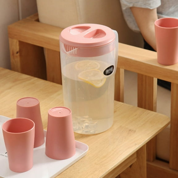Insulated Water Dispenser with 4 Cups, 2.2l Capacity Pink Plastic Pitcher for Hot & Cold Beverages, Leak-proof Spout & Built-in Filter for Tea and Fruit Infusions, Ideal for Family