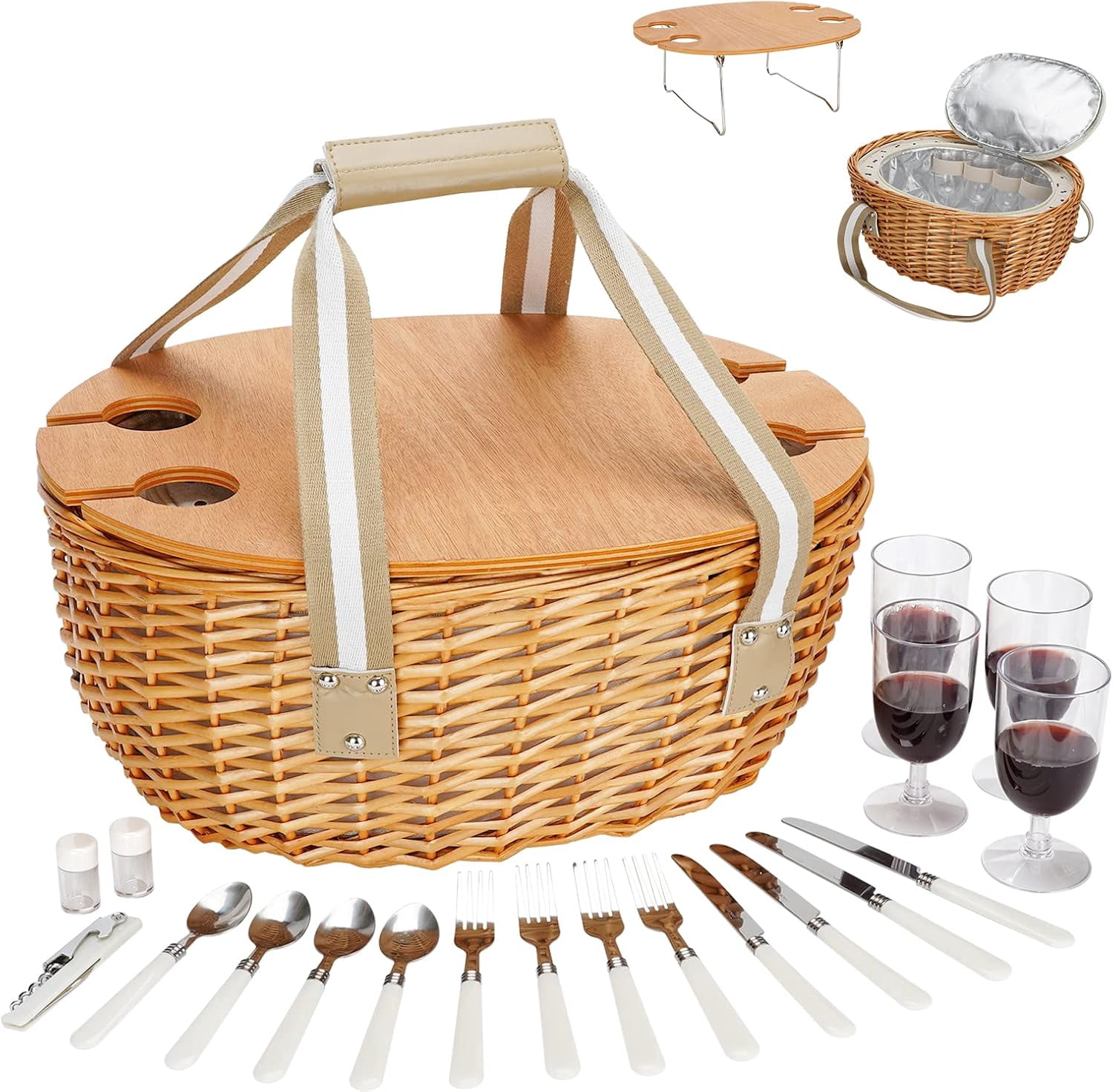 Insulated Wicker Hamper with Folding Table, Picnic Basket for 4 with ...