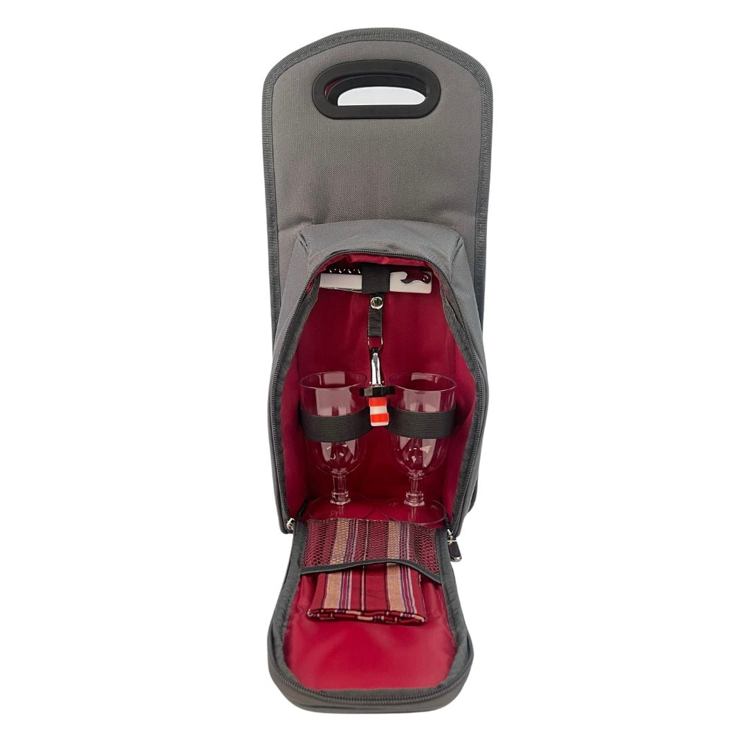 Gray and Red 7-Piece Insulated Picnic Tote Set with Wine Carrier